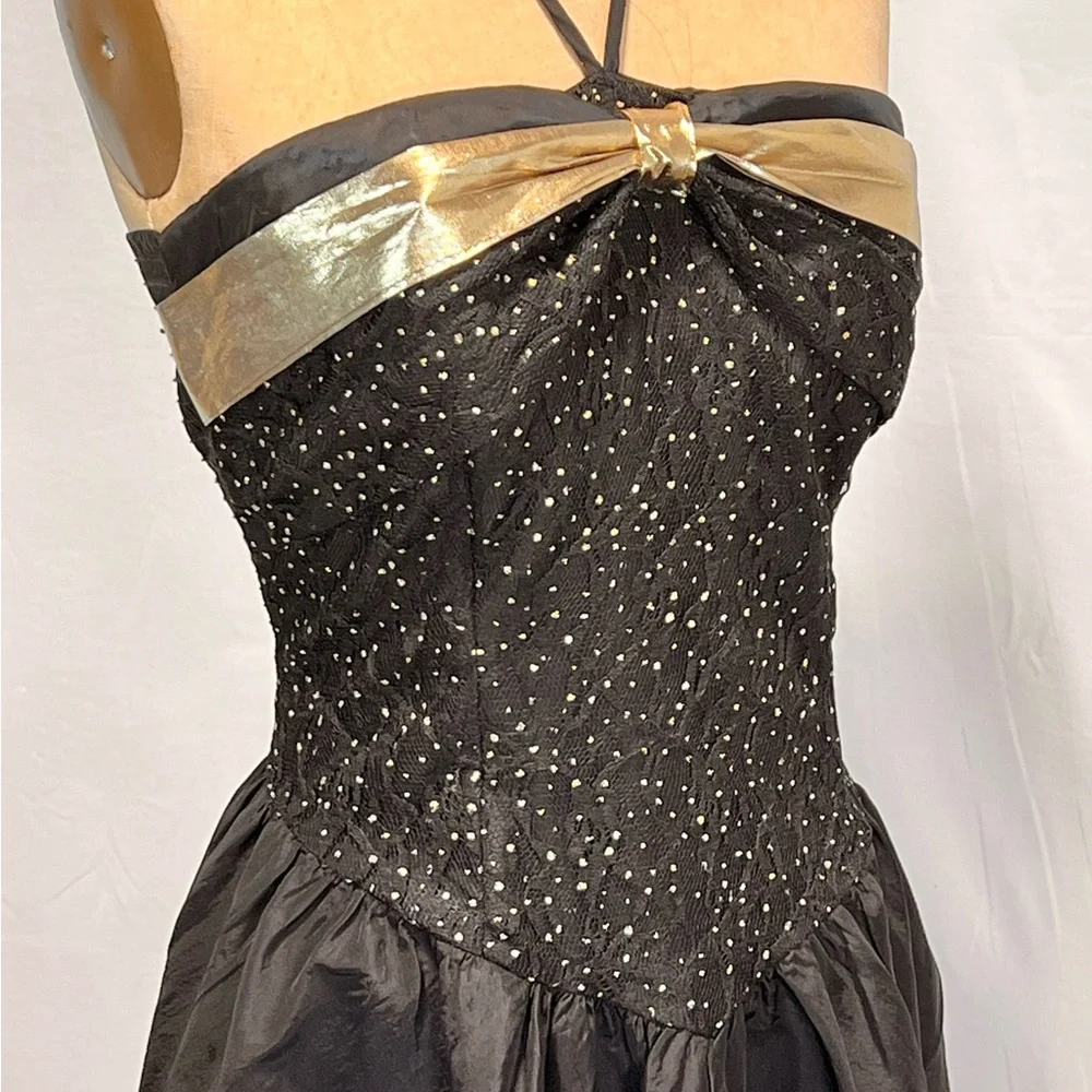 VINTAGE 80s starry night formal prom dress midi strapless halter metallic‎ gold